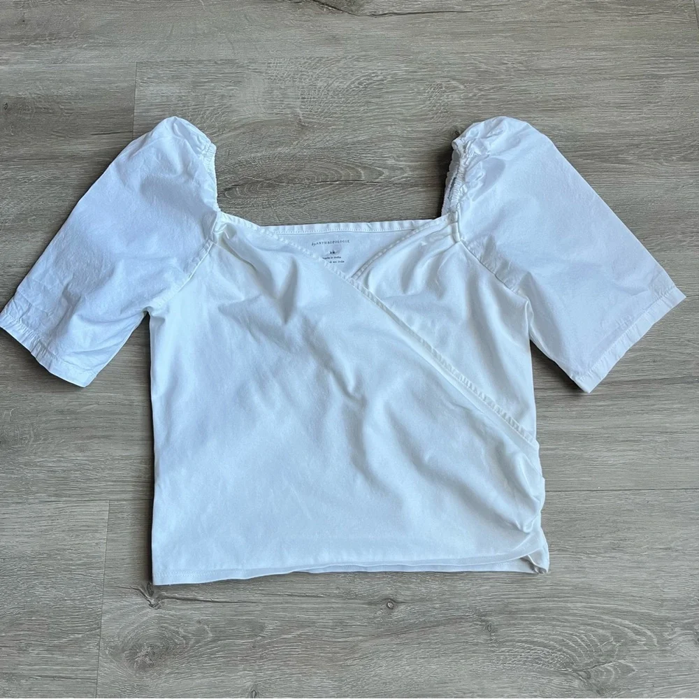 Anthropologie Wrap Top‎ Womens XS White Puff Sleeve Shirt